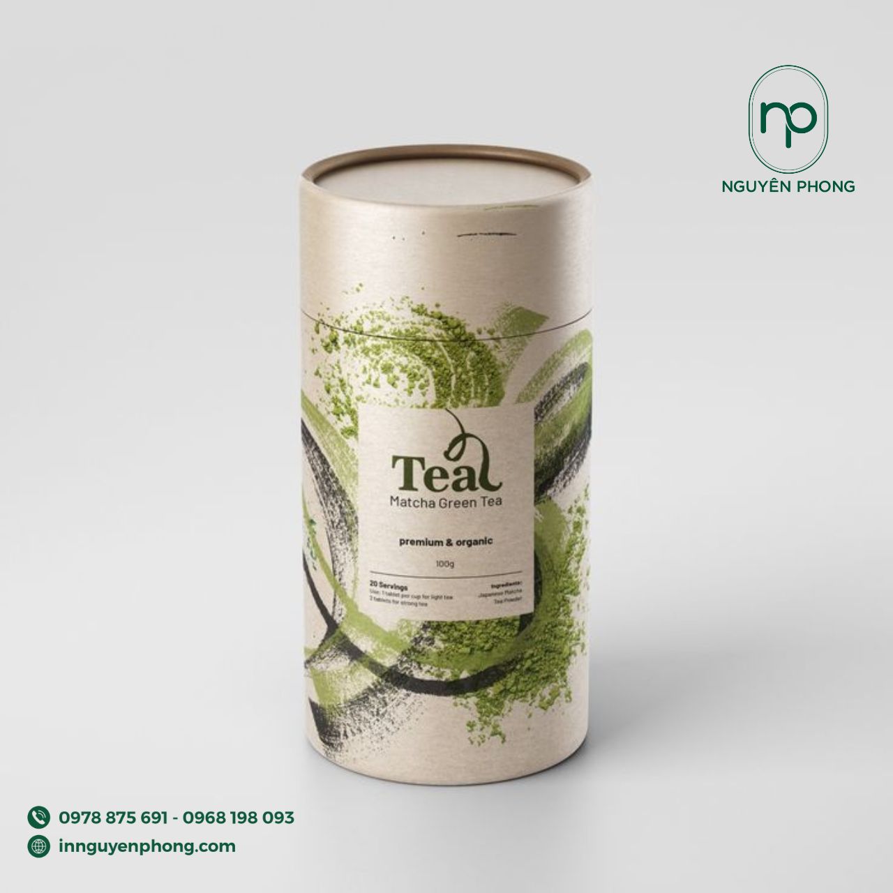 Mẫu hộp giấy bồi carton cứng trụ đựng bột matcha